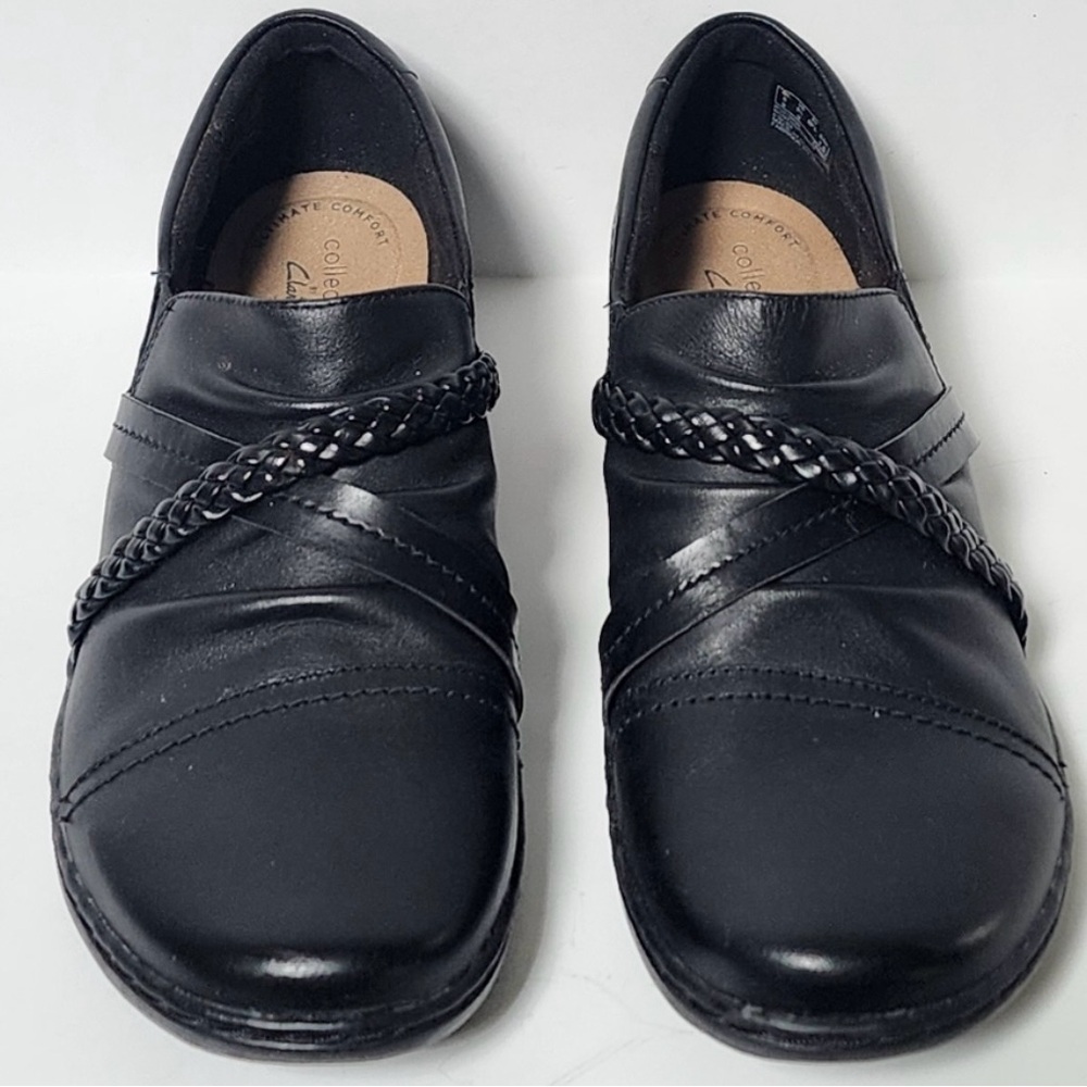 Clarks Black Leather Loafers with Braided Detail